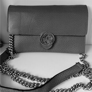 Gucci Gray Interlocking Leather Crossbody Bag with Chain